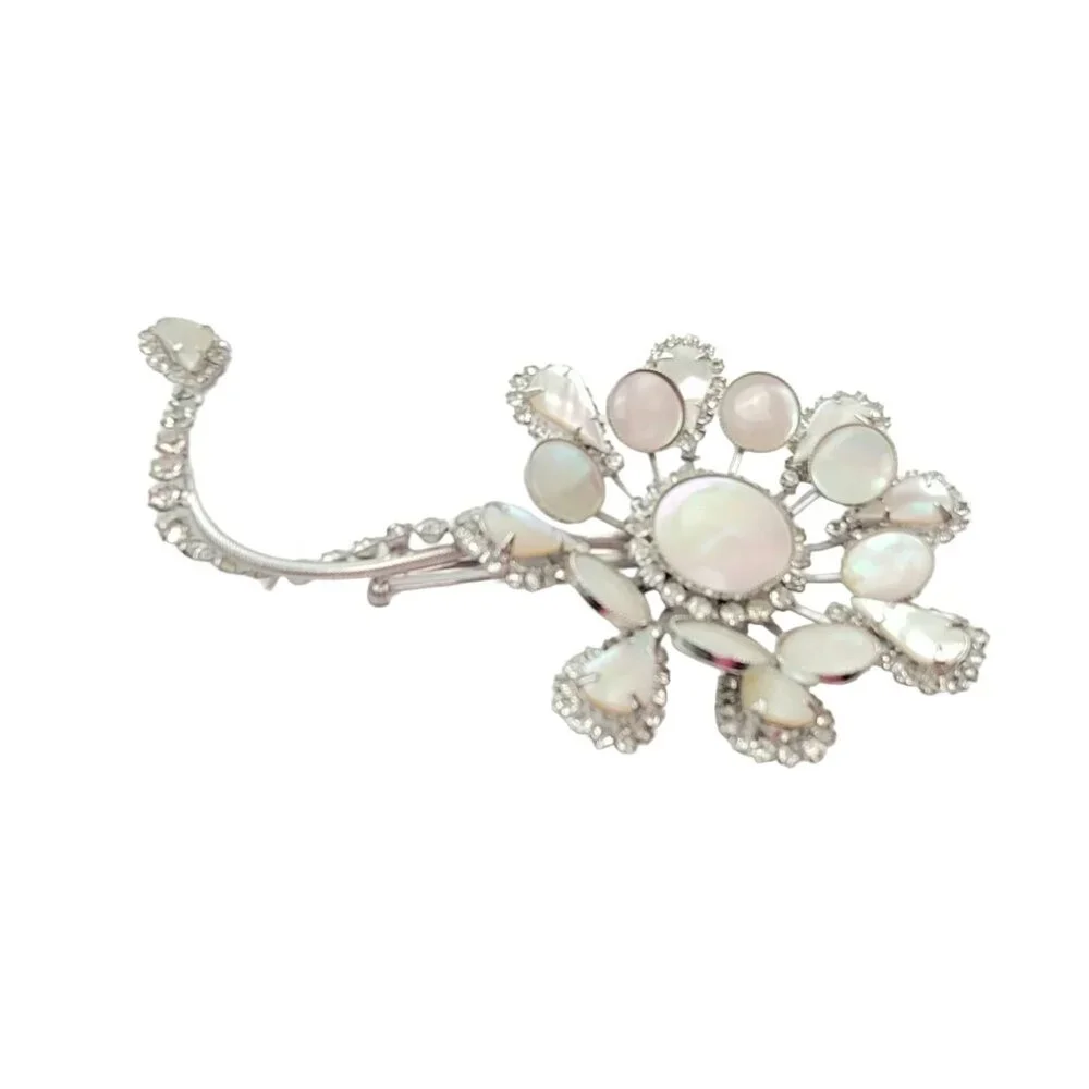 Hattie Carnegie Silvertone Statement Mother Of Pearl Clear Rhinestone Flower Pin
